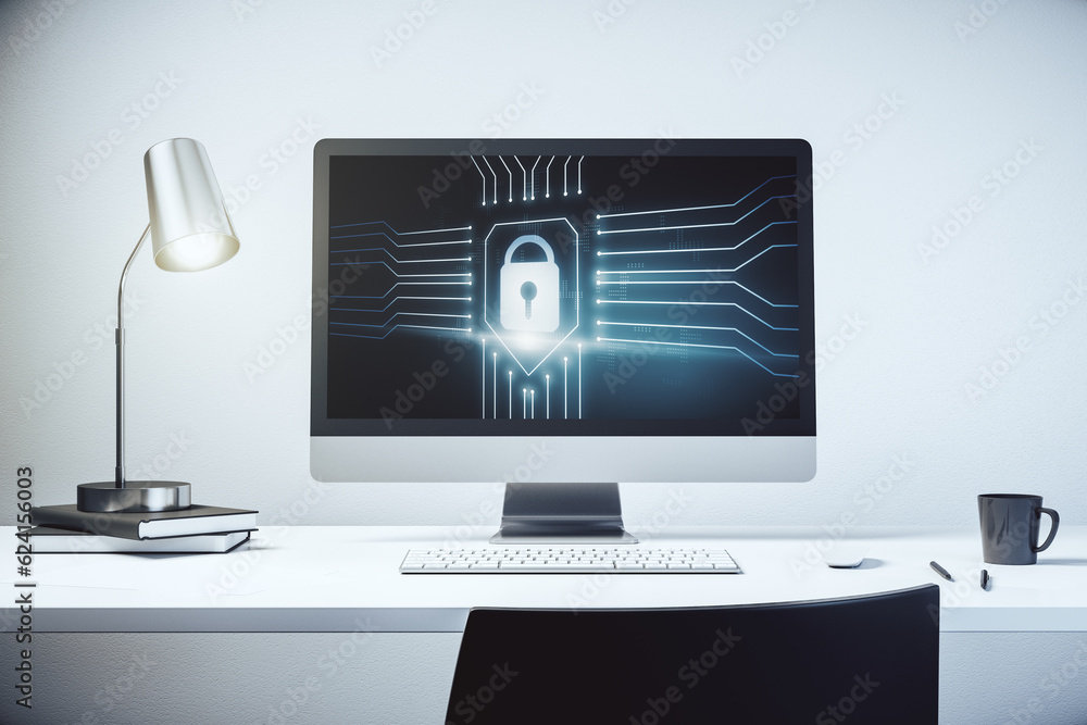 Poster Creative lock sketch with chip hologram on modern computer monitor, protection of personal data concept. 3D Rendering