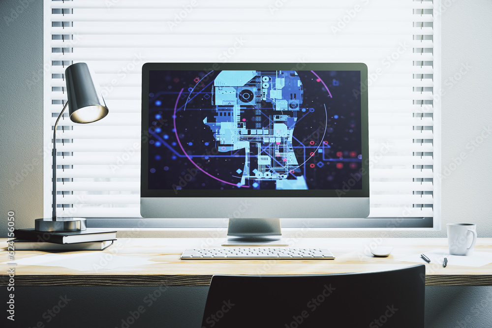 Poster Modern computer monitor with creative artificial Intelligence symbol. Neural networks and machine learning concept. 3D Rendering