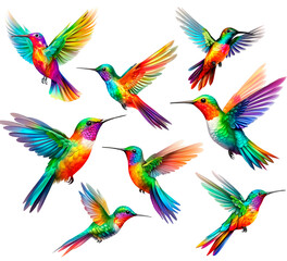 Set of hummingbirds, isolated transparent background, Generative AI