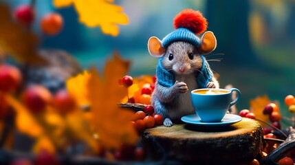 Obraz na płótnie Canvas A cute little mouse in a knitted hat and sweater drinks tea from a cup against the backdrop of an autumn forest. A beautiful Thanksgiving card.Generative AI