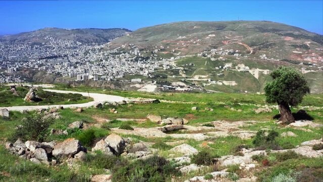 panorama on a copter from the mountain to the Palestinian city of Shechem. High quality 4k footage