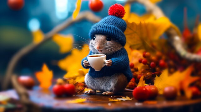 A cute little mouse in a knitted hat and sweater drinks tea from a cup against the backdrop of an autumn forest. A beautiful Thanksgiving card.Generative AI