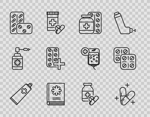 Set line Ointment cream tube medicine, Medicine pill or tablet, bottle and pills, Medical book, Pills blister pack, and icon. Vector