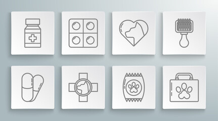 Set line Dog and pills, Veterinary clinic symbol, Bag of food for pet, Pet first aid kit, Heart with cat, Hair brush dog and medicine bottle icon. Vector