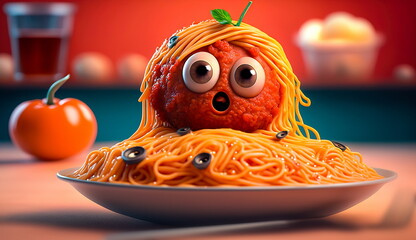 Concept funny character mascot meatball sits in a plate with spaghetti and sauce in the kitchen.Generative AI - obrazy, fototapety, plakaty