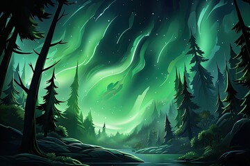 Trees below, aurora lights shine brightly in night sky. (Generative AI)