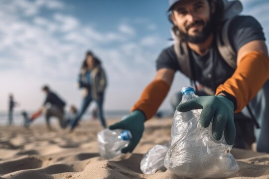 Volunteering People Picking up Plastic Bottles on the Beach, Ecology concept and World Environment Day.