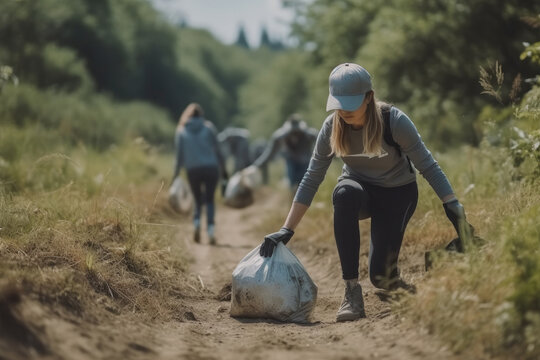 volunteer picking up plastic garbage on the woods, Sustainability concept.