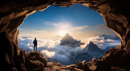 Adventurous man hiker standing in a cave on top of a rocky mountain, Extreme Adventure Composite, Adventure, Explore, Hike.