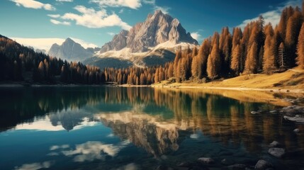 Fototapeta na wymiar Lake mountain landscape, Lago di antorno lake and Tre cime di lavaredo mountain reflection in autumn, Forest landscape.