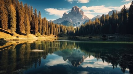 Fototapeta premium Lake mountain landscape, Lago di antorno lake and Tre cime di lavaredo mountain reflection in autumn, Forest landscape.