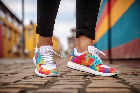  A person is walking on road wearing colorful shoes, Rainbow colorful running shoes.