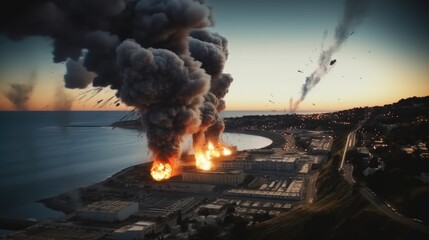 Exploding destroying the city, concept of war and destroyed city.