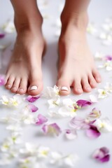 Bare feet in flowers. Concept of pedicure