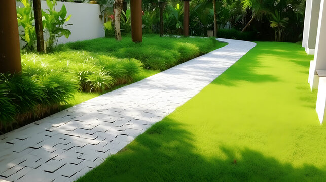 Pathway across green grass in beautiful garden.. AI generative image.