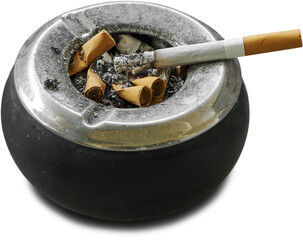 lit cigarette on full ashtray isolated - 624158250