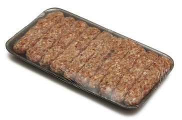 package with sausage shaped minced meat, isolated