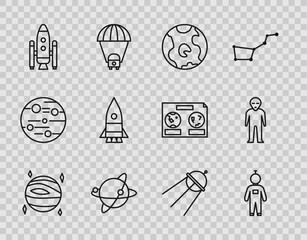 Set line Planet Venus, Astronaut, Earth globe, Satellites orbiting the planet, Space shuttle and rockets, Rocket ship, and Alien icon. Vector