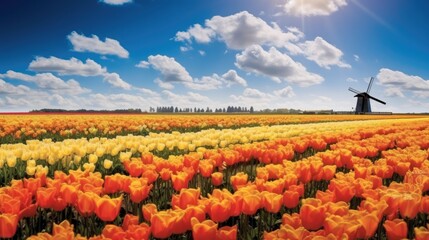 Landscape with blooming colorful tulip field, Vibrant tulips field with Dutch windmills.