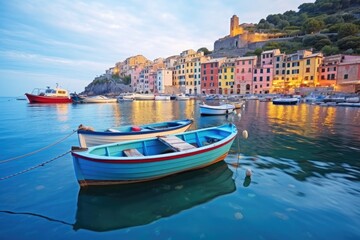 Fototapeta premium Landscape of the harbor with colorful houses and the boats.