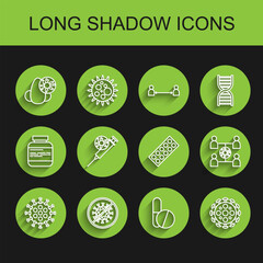 Set line Virus, Stop virus, Runny nose and, Medicine pill or tablet, Syringe, spread and Pills blister pack icon. Vector