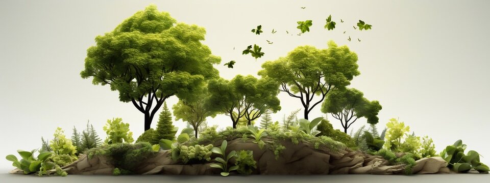 Beautiful green small island landscape with tree and rays of sunlight ozone layer background with mountain and birds. generative ai