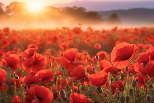 Red poppy field in mist, Red poppies in the morning light. © visoot