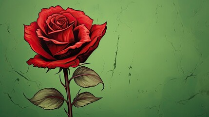 A red rose with green leaves and stem on background. (Generative AI)