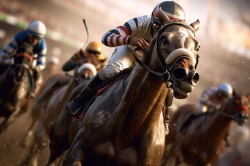 Naklejka premium Equestrian sport young boy rides on horse on championship. generative ai