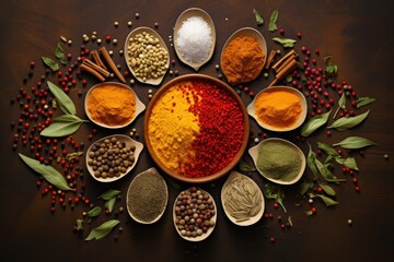 Obraz na płótnie Canvas Colorful spices on a table, vibrant and aromatic, creating a captivating display of flavor. Peppercorn, paprika, salt, turmeric powder, herbs, and vegetable seasoning 