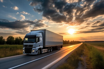 Fototapeta na wymiar White truck driving on the asphalt road at sunset.