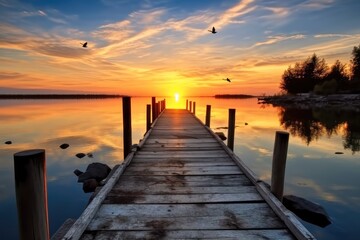 Wooden bridge extending into the river at sunset.