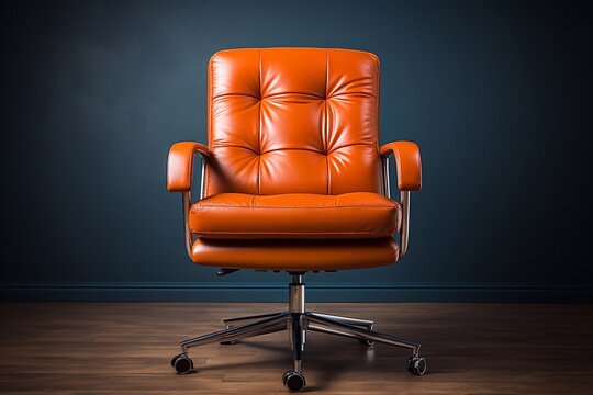 side view of Genuine Leather office chair , isolated on blue background with clipping path. generative ai