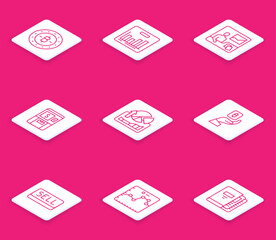 Set line Bitcoin, Pie chart infographic, Trading courses, ATM and money, Stocks market growth graphs, Hand holding, Sell button and Browser with icon. Vector