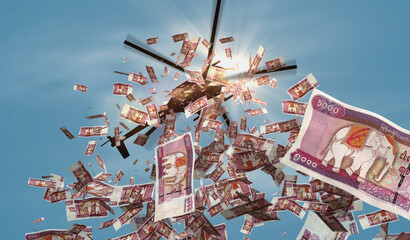 Myanmar Kyat KWD 5000 banknotes helicopter money dropping 3d illustration