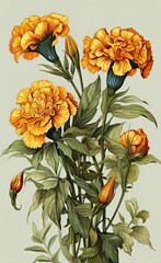 Marigold flower illustration. Floral vintage greeting card background. Generative AI