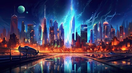 Fototapeta na wymiar A futuristic abstract cityscape at night, with neon lights and a futuristic skyline, evoking a sense of nocturnal excitement and innovation. Colorful illustration art. Generative AI