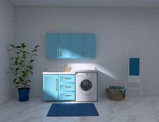 Bathroom interior, washing machine 3d render, 3d illustration
