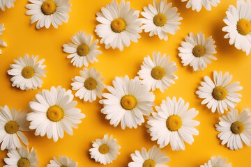 Top view of white chamomile flowers isolated on a flat yellow surface background. Floral pattern with realistic daisies. Generative AI.