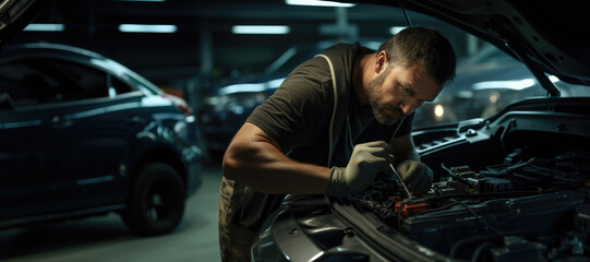 A mechanic reparing a car in a garage