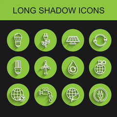 Fototapeta premium Set line Planet earth and a recycling, Water tap, LED light bulb, Earth globe leaf, Electric plug, Wind turbine, and Recycle clean aqua icon. Vector