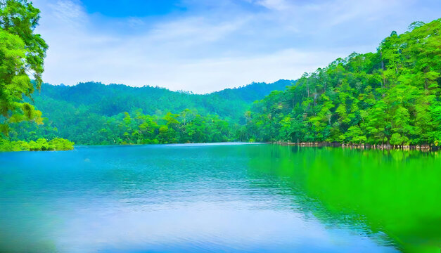 Beatiful nature lake and forest, nature landscape background