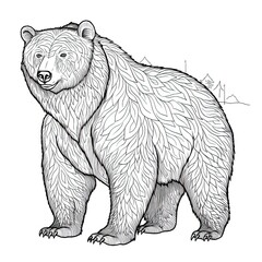 Black bear animal line art illustration. Black and white coloring page style art. Generative AI