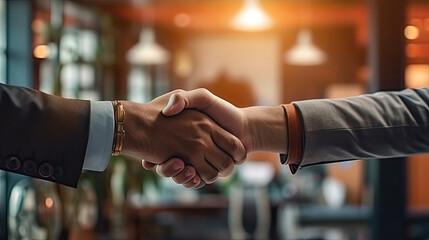 Business shaking hands, finishing up meeting. Successful businessmen handshaking after good deal. Business partner support together. Generative AI