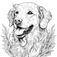 Golden Retriever animal line art illustration. Black and white coloring page style art. Generative AI