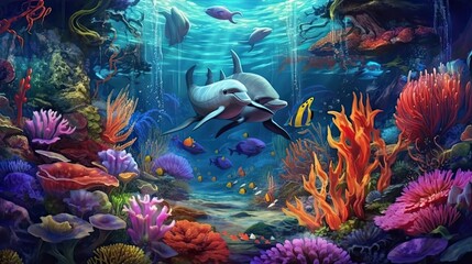 A whimsical underwater scene with vibrant coral reefs and playful dolphins. Colorful illustration art. Generative AI