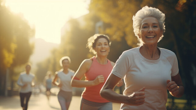 A group of senior women running in a city park