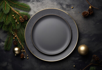 Overhead view of a luxury festive christmas meal dinner plate with decorations