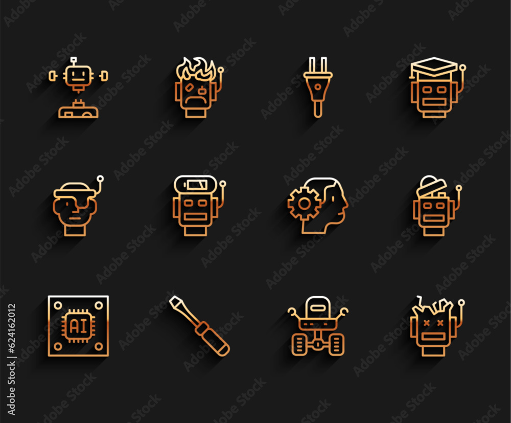 Poster set line processor with microcircuits cpu, screwdriver, disassembled robot, mars rover, broken, robo