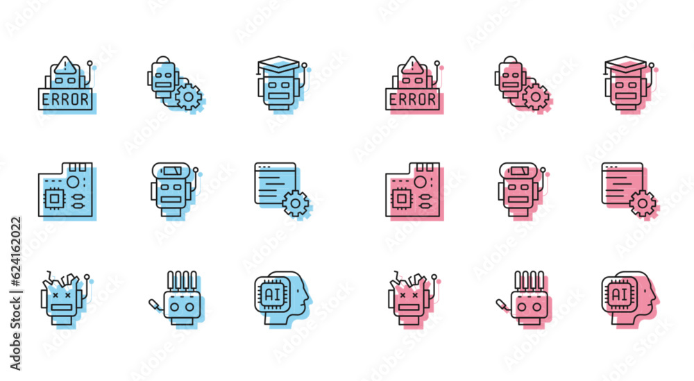 Poster set line broken robot, mechanical hand, error in, humanoid, robot low battery charge, computer api i